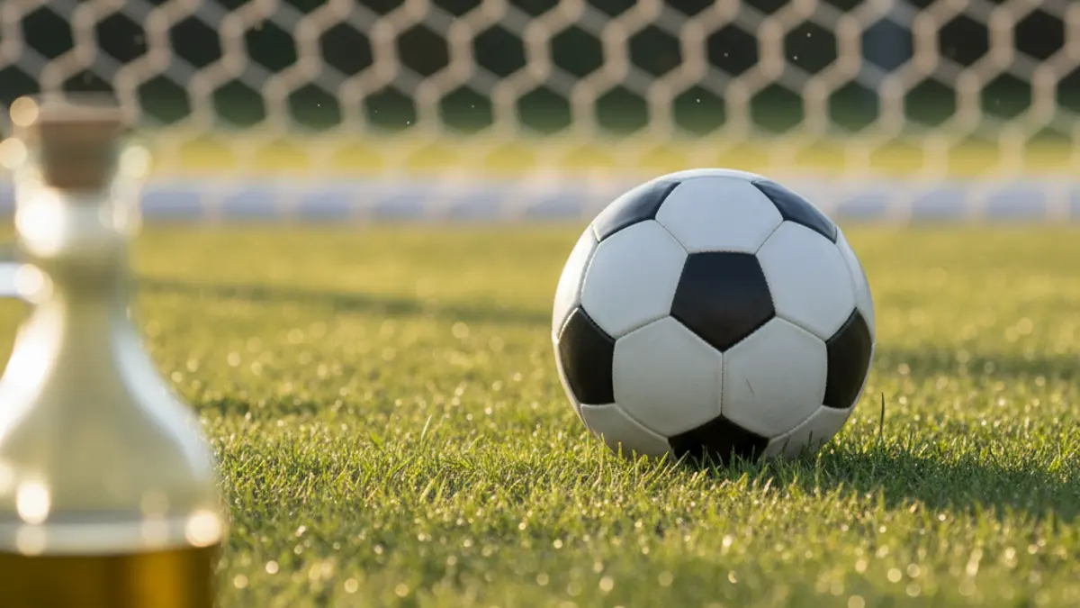 Imaxe xenérica dun balón de fútbol sobre herba, con rede de portería ao fondo e unha botella de aceite desenfocada.