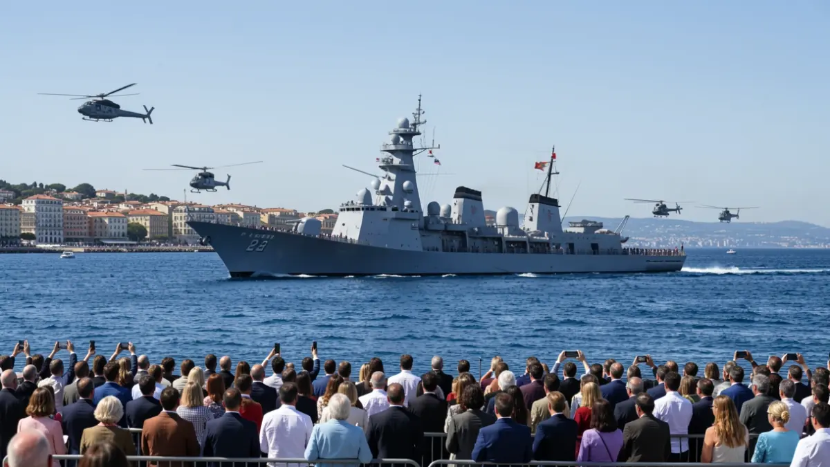 Imaxe xenérica dunha revista naval con barcos e helicópteros.