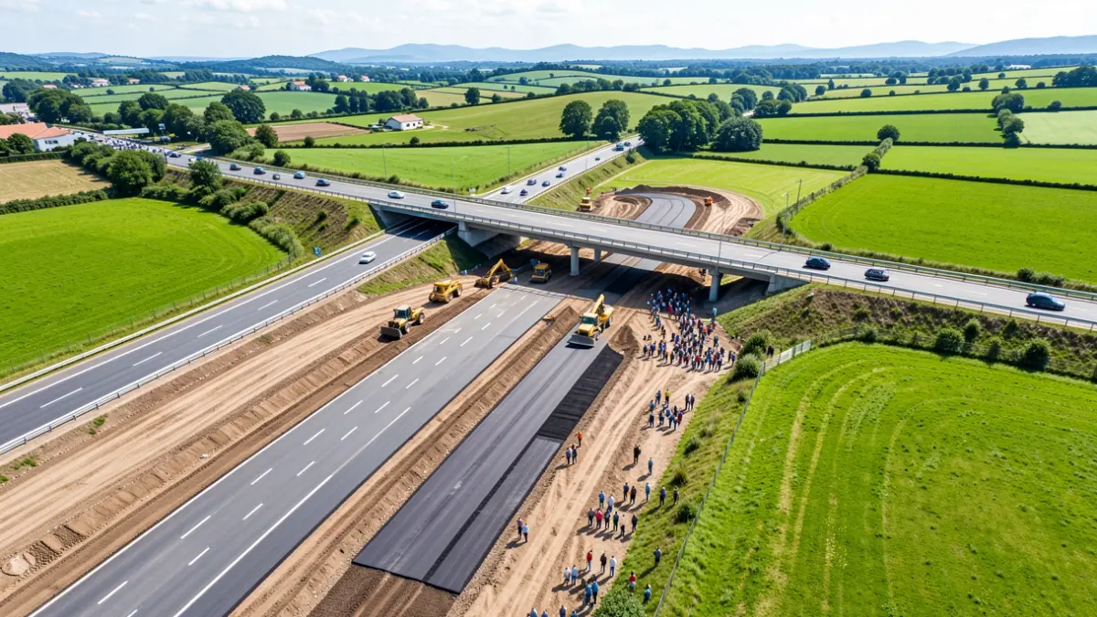 Imaxe aérea dunha obra de construción dunha autovía en Galicia.