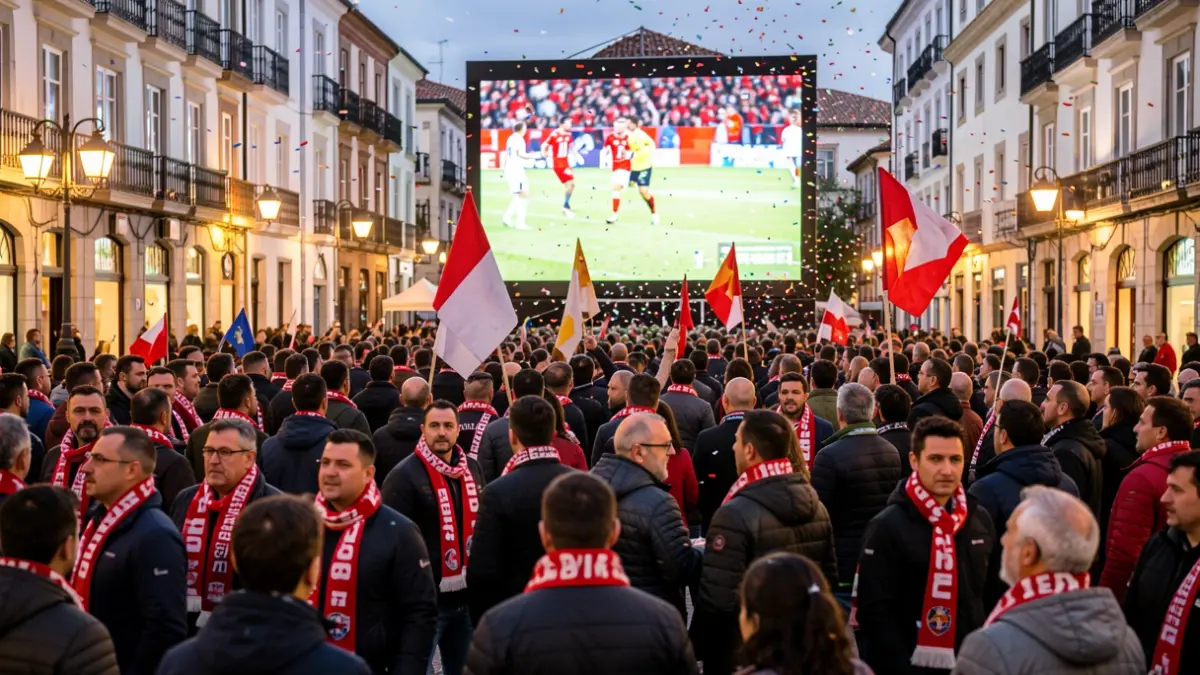 Imagen de una multitud de aficionados de fútbol en la Plaza Mayor de Ourense, con bufandas y banderas, viendo un partido en una pantalla gigante.