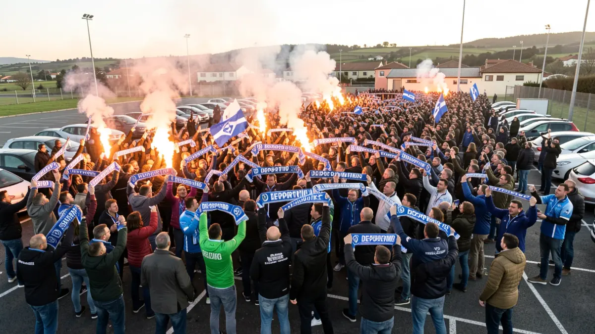 Imaxe xenérica de afeccionados do Deportivo celebrando nunha cidade galega.