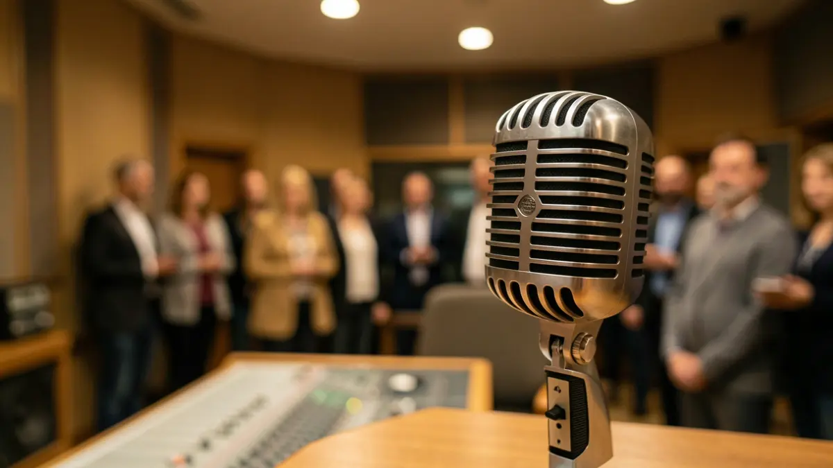 Imaxe xenérica dun micrófono de radio antigo nun estudio con luz cálida.