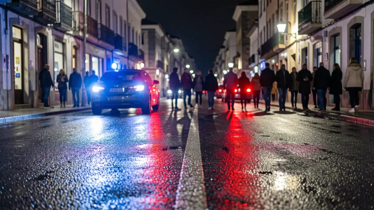 Imaxe xenérica de luces de emerxencia policiais reflectidas nunha rúa mollada pola noite.