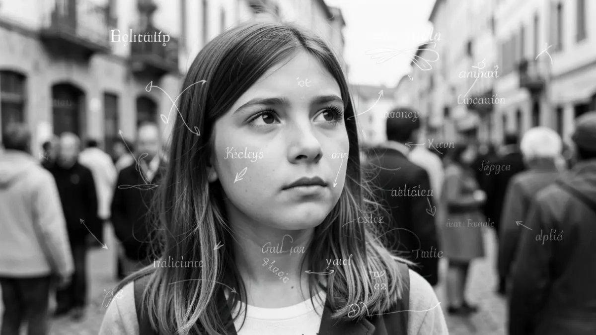 Imaxe xenérica de retrato fotográfico en branco e negro dunha moza con elementos simbólicos.