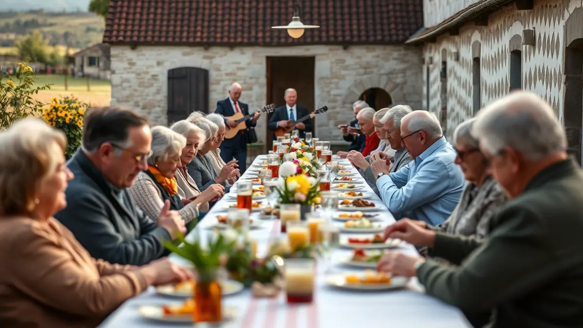 Imagen de una reunión de mayores en un pueblo gallego, con mesas largas y gente compartiendo.