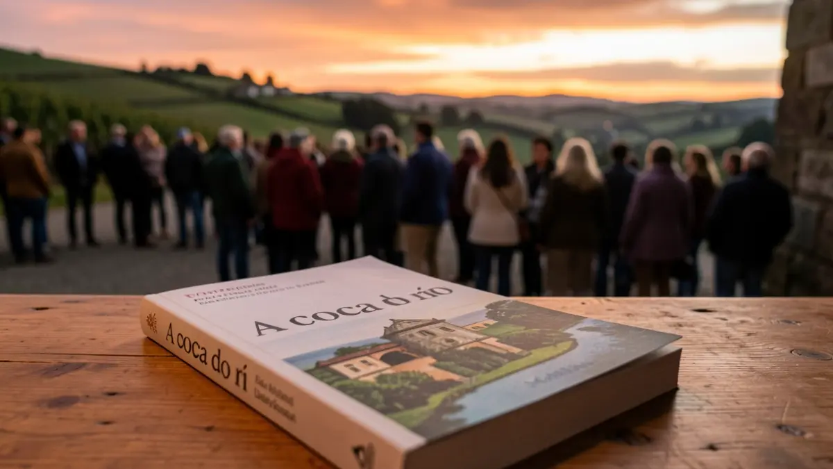 Primeira plana dun libro titulado 'A boca do río' sobre unha mesa de madeira, con paisaxe galega de fondo.