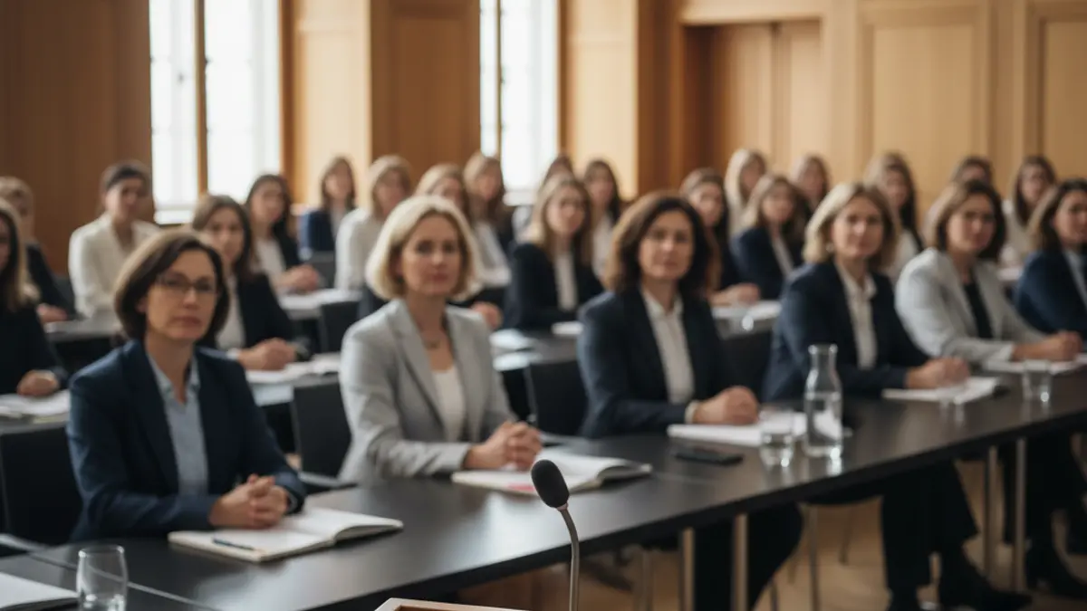 Imagen genérica de un micrófono en un podio, representando un encuentro de líderes femeninas.