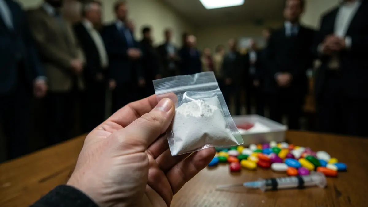 Primer plano dunha man sostendo unha pequena bolsa con po branco, con pastillas de cores borrosas e unha xiringa ao fondo.