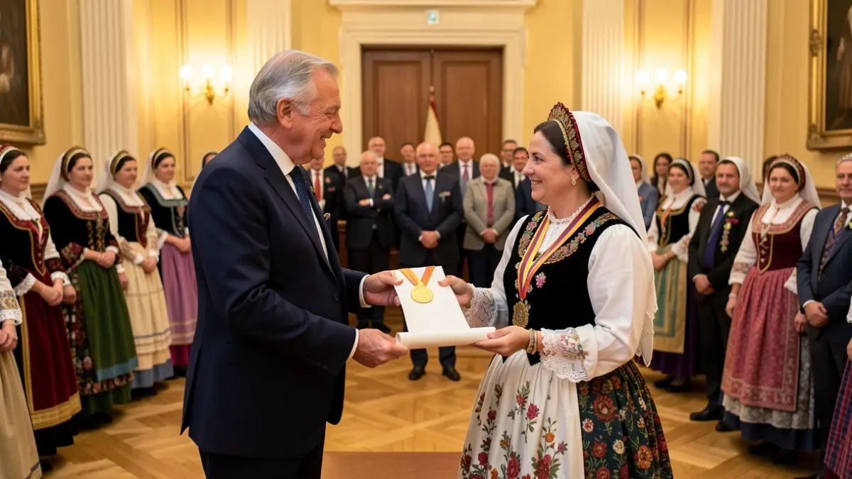 Imagen de una ceremonia donde se entrega una medalla de oro al presidente de la Xunta, Alfonso Rueda, por parte de una representante de la Asociación de Meigas de las Hogueras de San Juan.