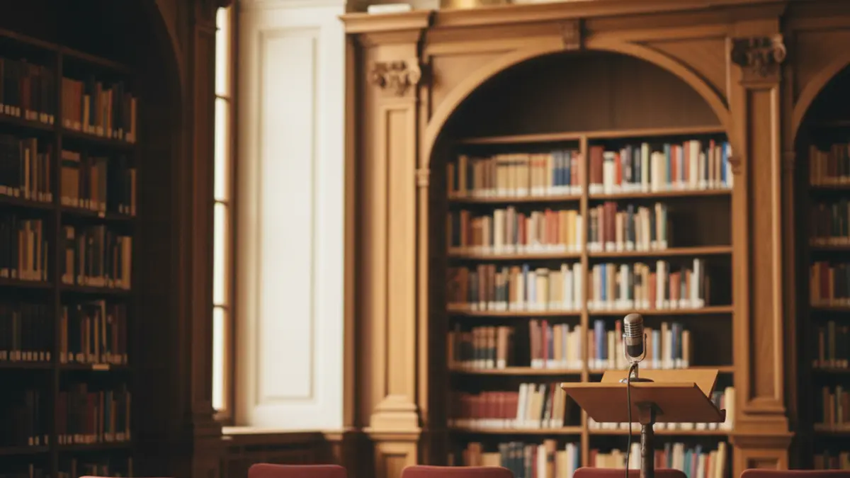 Imagen genérica de un interior de biblioteca con estanterías de madera y un podio con micrófono.