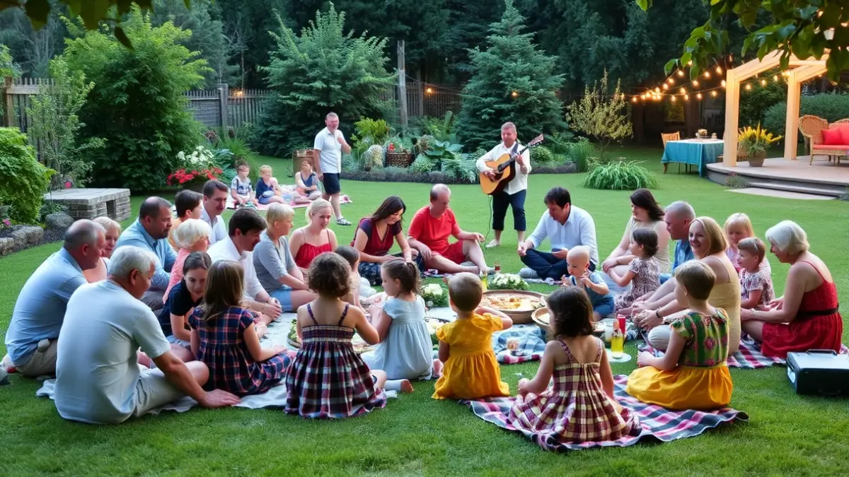 Imaxe dun pícnic comunitario nun xardín, con familias e nenos xogando.