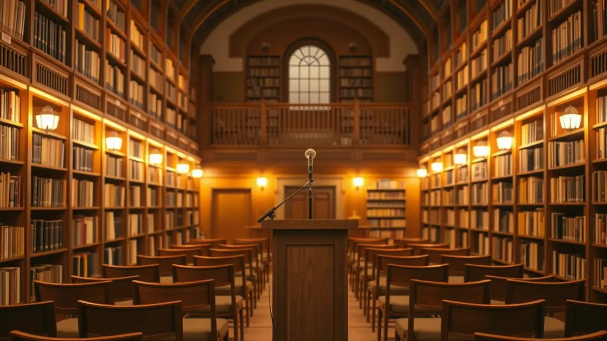 Imaxe xenérica dunha sala de concertos ou biblioteca, con ambiente cálido e acolledor.