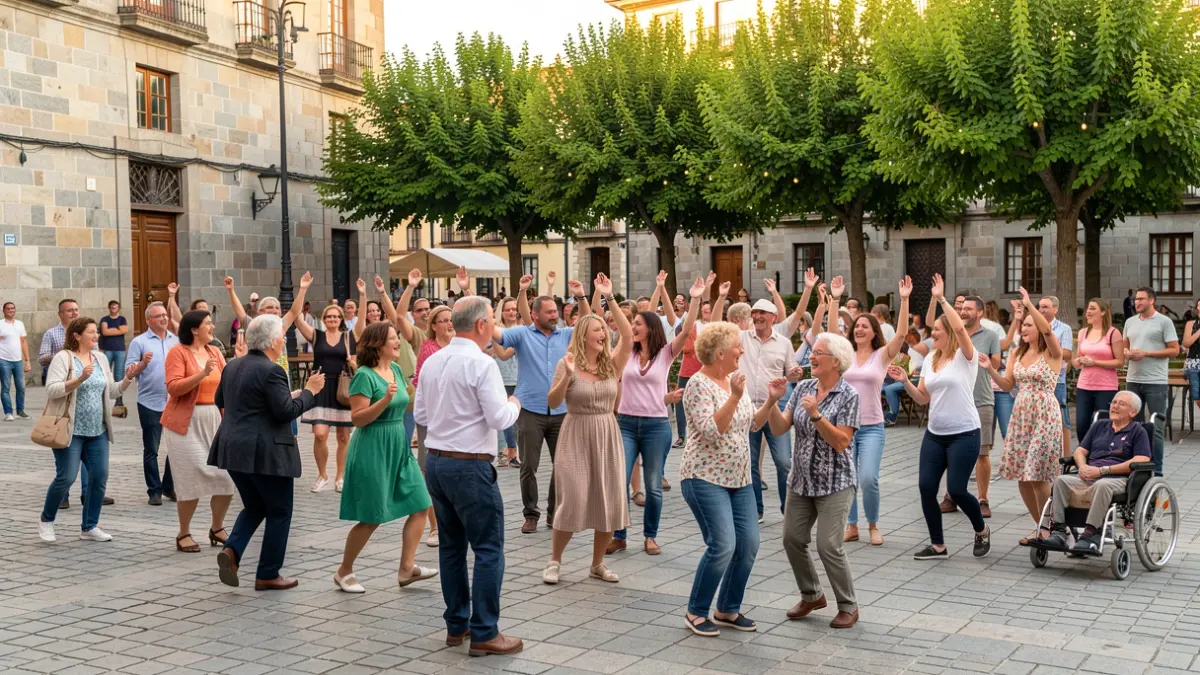 Imaxe xenérica de persoas de diversas idades e capacidades bailando nunha praza pública de Galicia.