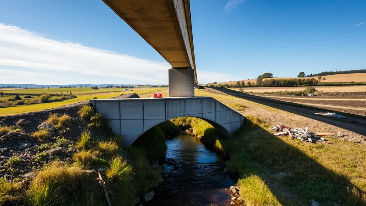 Imaxe dunha ponte en construción sobre un río.