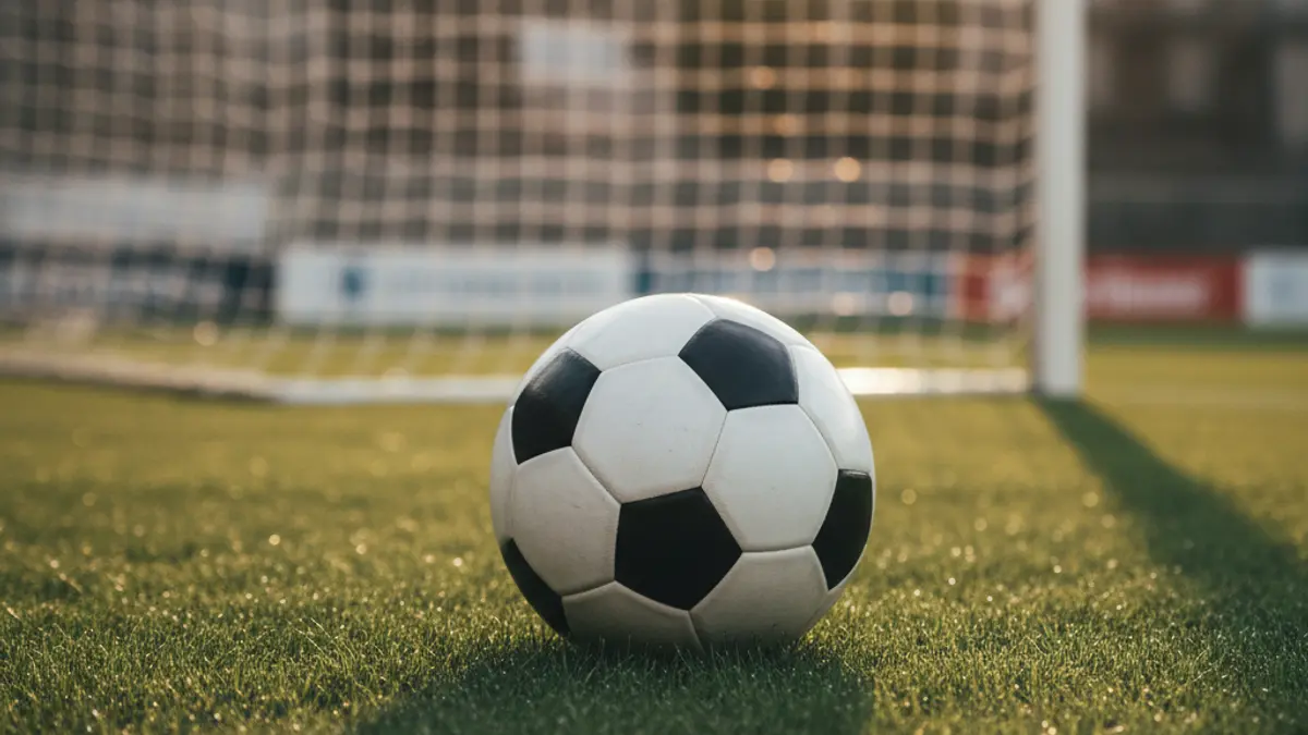 Imaxe xenérica dun balón de fútbol sobre o céspede dun campo, coa portería difuminada ao fondo.