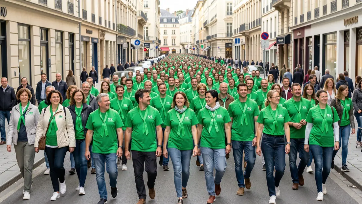 Imaxe xenérica de persoas camiñando xuntas polas rúas de Betanzos cunha marea verde en apoio á loita contra o cancro.