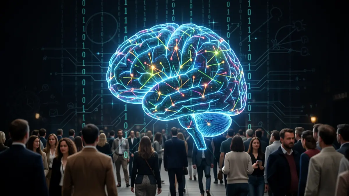 Imaxe xenérica de intelixencia artificial con redes neurais e código binario.