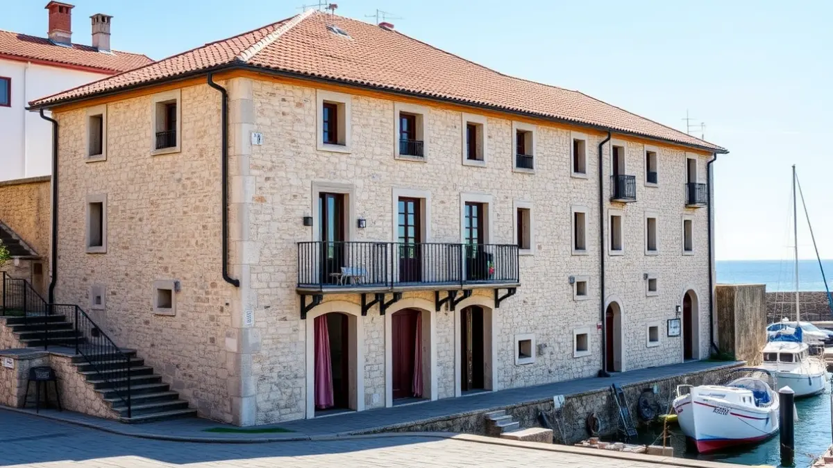 Imaxe do exterior de Casa do Tella e Rosalía en Portosín, un antigo edificio de salgadura reconvertido en hotel.