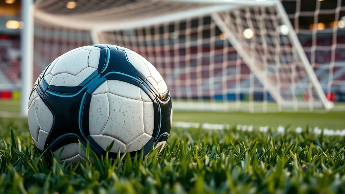 Imaxe xenérica dun balón de fútbol sobre o céspede dun estadio.