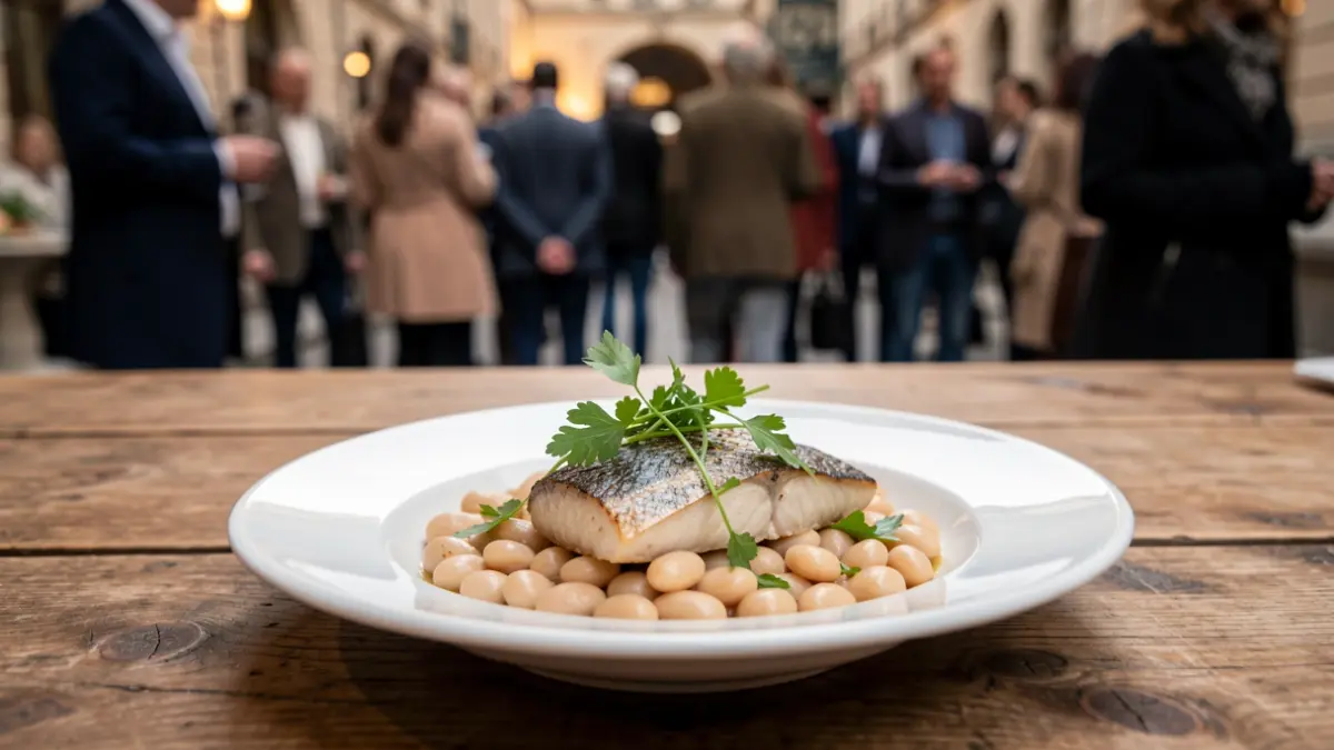 Primer plano de un plato de fabas de Lourenzá y pescado del día, obra del chef ganador.