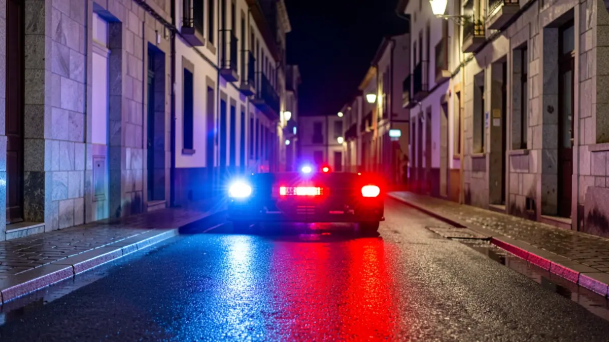 Imaxe xenérica de luces de emerxencia reflectindo nunha rúa galega mollada pola noite.