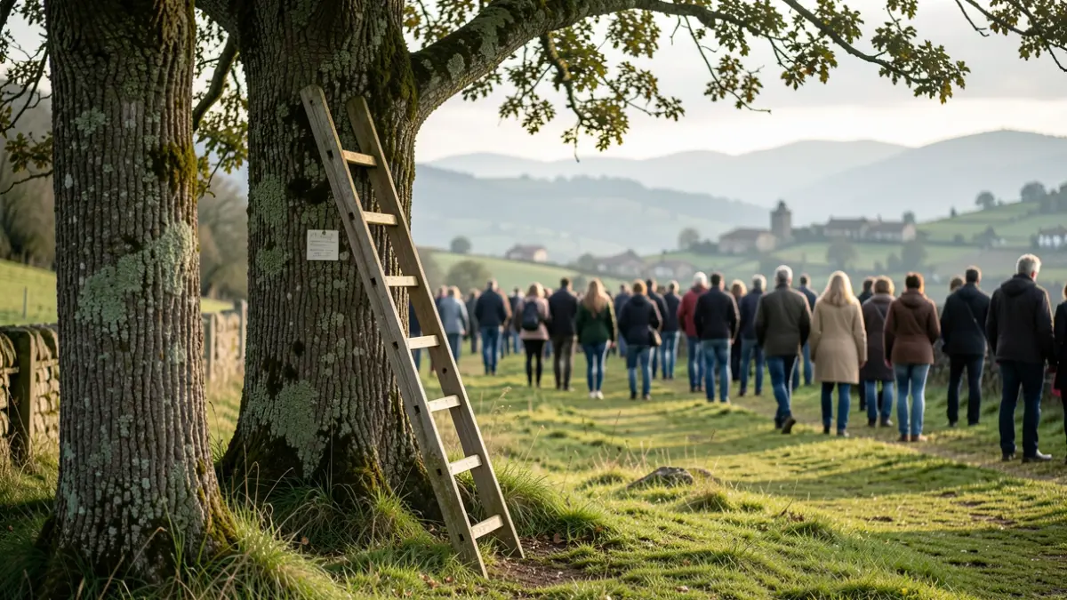 Imagen genérica de una escalera apoyada en un árbol en un entorno rural gallego.