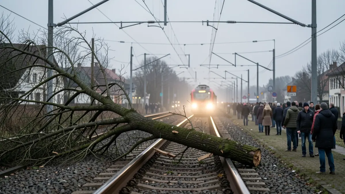 Imaxe dunha árbore caída sobre as vías do tren e as catenarias.