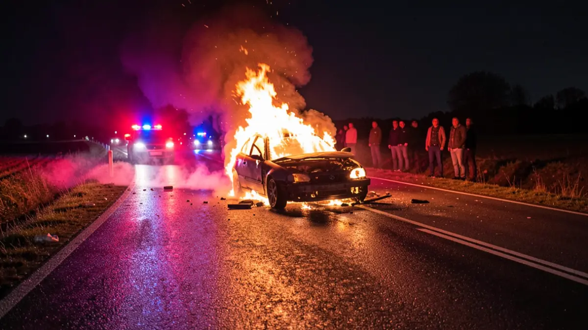 Imaxe xenérica dun coche en chamas nunha estrada pola noite.