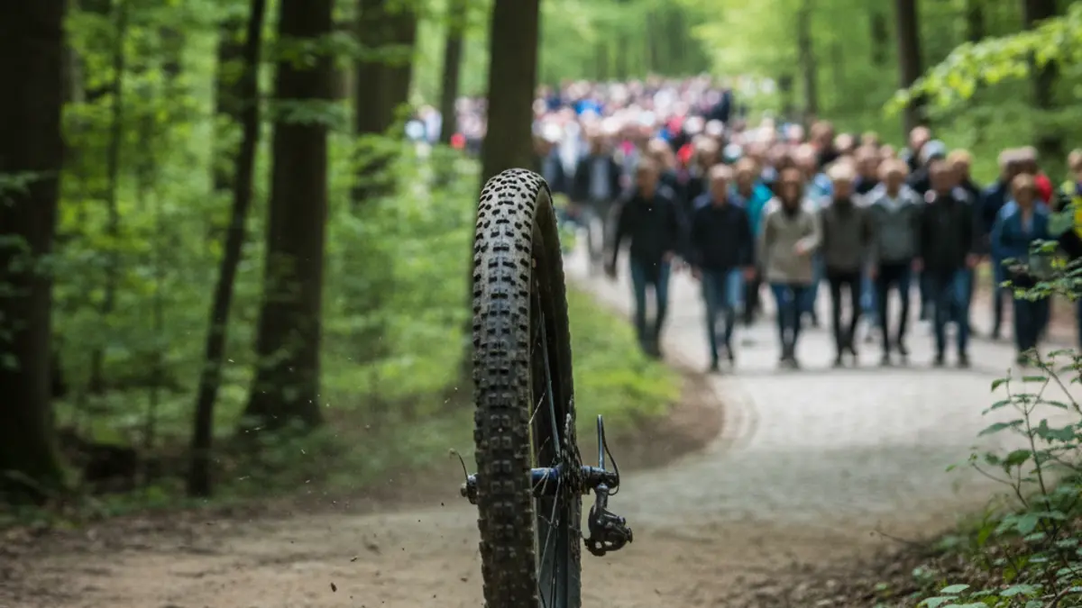 Imagen genérica de una rueda de bicicleta de montaña en un camino de tierra.