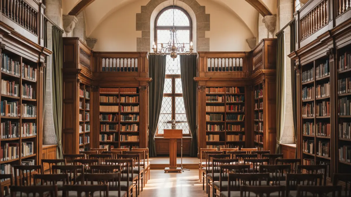 Imagen genérica de una sala de conferencias o biblioteca, con sillas vacías y un podio con micrófono.