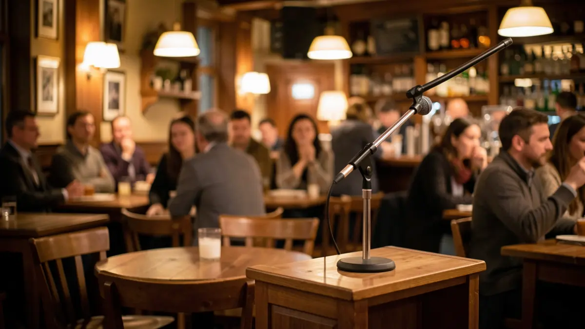 Imaxe xenérica dun ambiente de bar con iluminación cálida e un micrófono, ideal para eventos de divulgación.