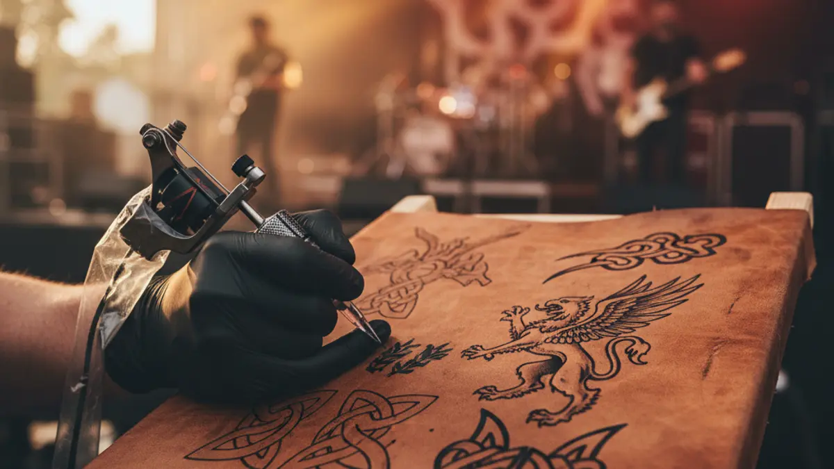 Imagen genérica de una mano tatuando cuero, con luces de escenario de fondo.
