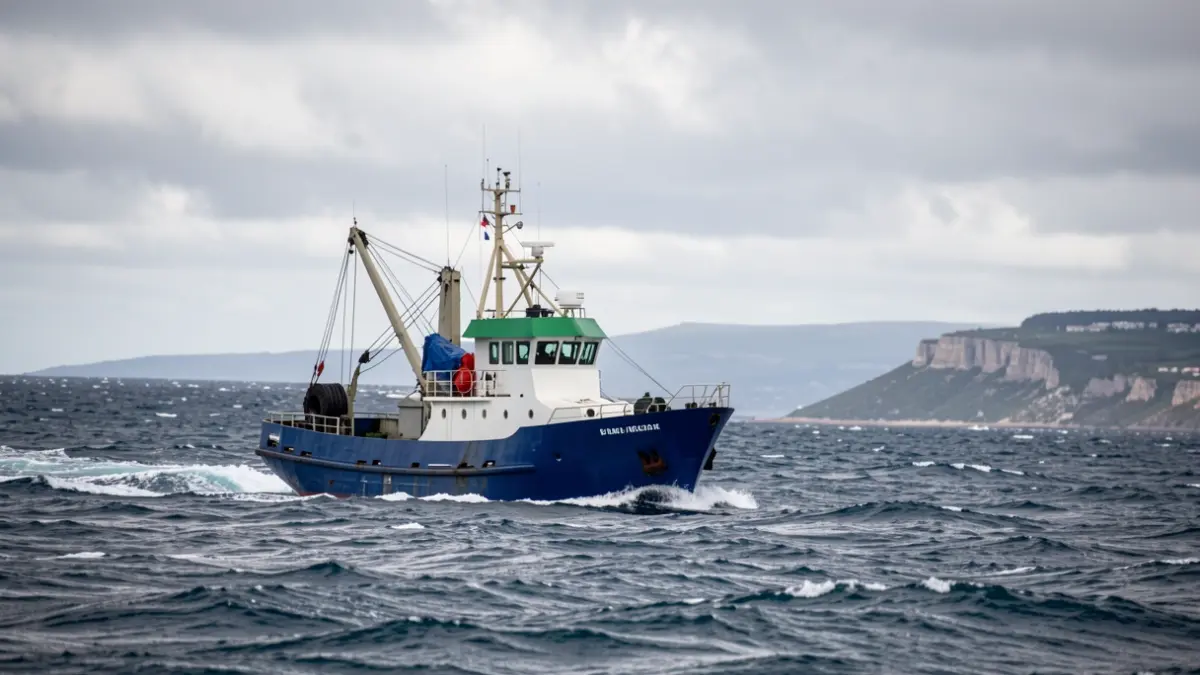 Un pesqueiro navegando en mar axitado baixo un ceo nubrado, coa costa da Arxentina á vista.