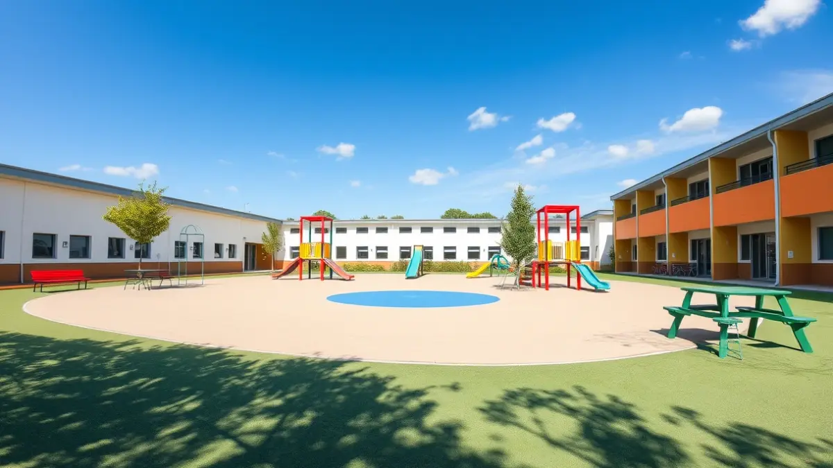 Imagen genérica de un patio de colegio vacío y colorido.