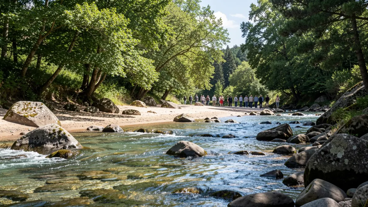 Imaxe xenérica dunha praia fluvial galega con auga clara e vexetación frondosa.
