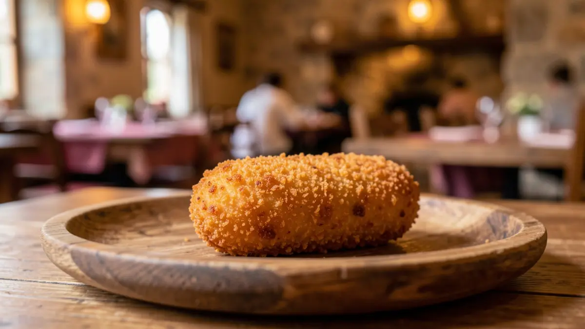 Primer plano de una croqueta dorada y crujiente sobre un plato de madera rústico.
