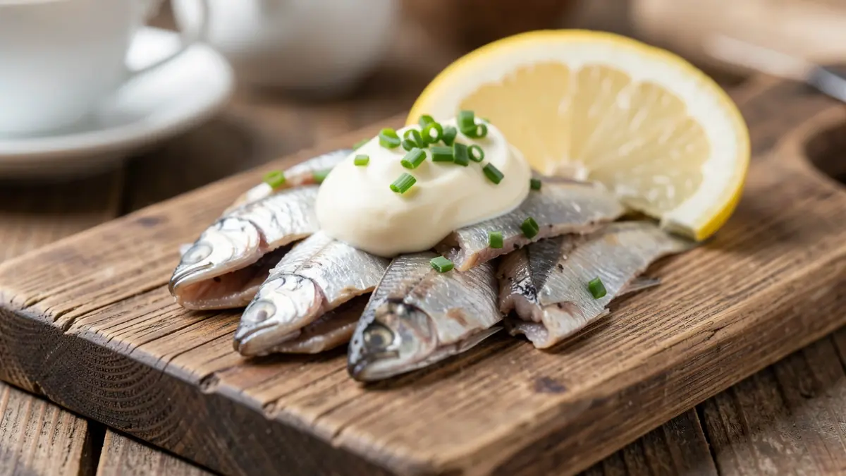 Primer plano de anchoas en lata servidas con mayonesa y hierbas.