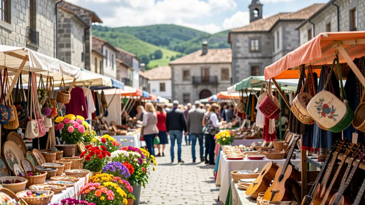 Imaxe dun mercado tradicional galego con artesanía, flores e música.