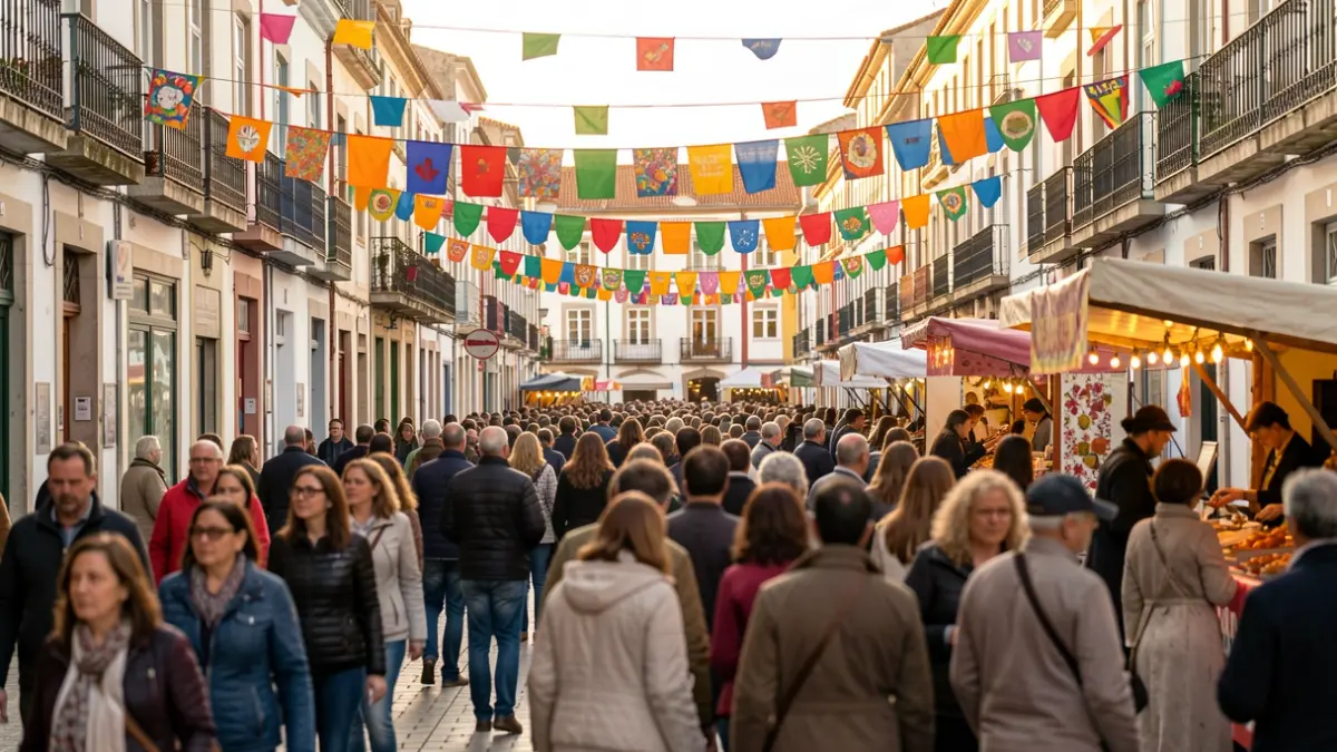 Imagen de una calle del barrio de Os Rosales en A Coruña decorada para las fiestas, con gente disfrutando de la música y puestos de comida.