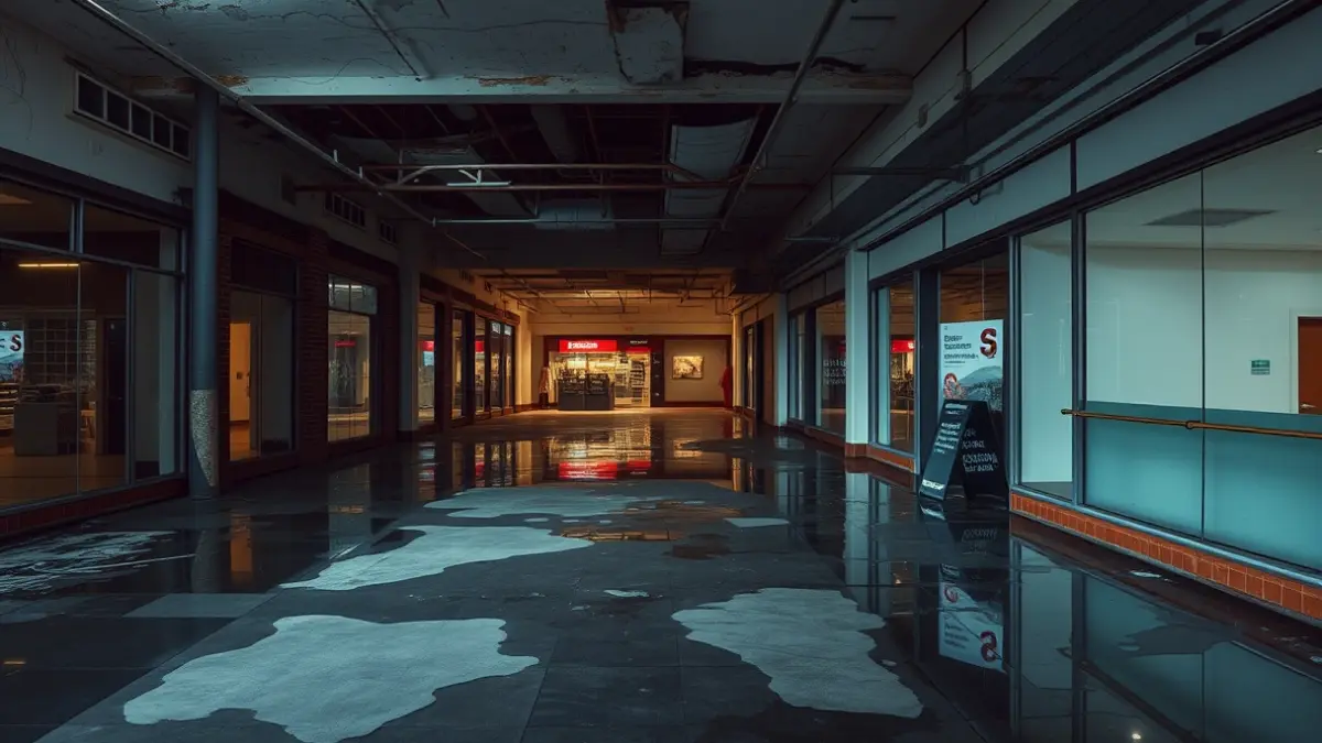 Imagen del interior de unas galerías comerciales en estado de abandono y con filtraciones de agua.