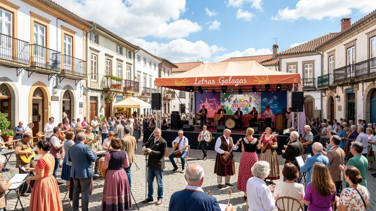 Imagen de una plaza gallega con gente celebrando las Letras Galegas con música y actividades culturales.