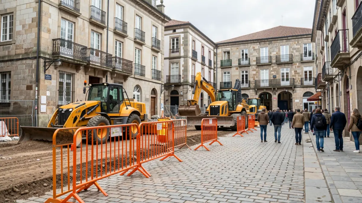 Imaxe dunha zona de obras nunha rúa histórica de Pontevedra.