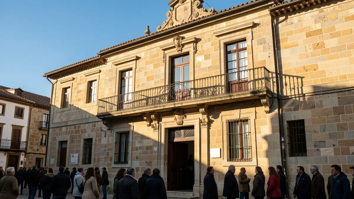 Imagen genérica de una casa consistorial de piedra gallega con balcón y rejas de hierro, luz solar de la tarde.