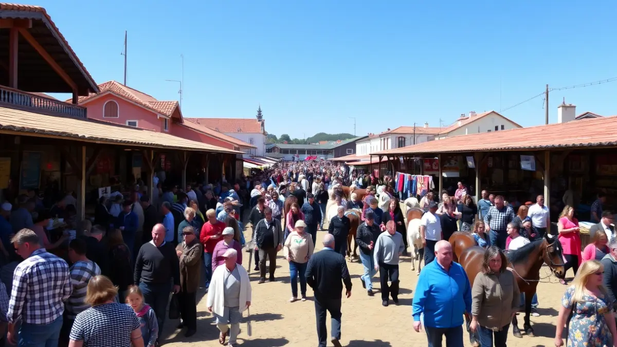 Imagen de una feria tradicional gallega con mucha gente y caballos.