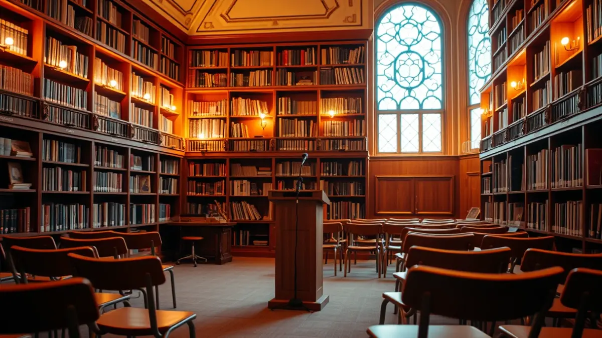 Imagen genérica de una biblioteca con estantes de madera y un micrófono en un podio.