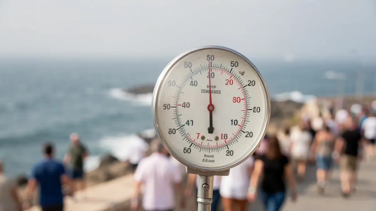 Imagen genérica de un termómetro mostrando alta temperatura con un fondo de la costa de Vigo.