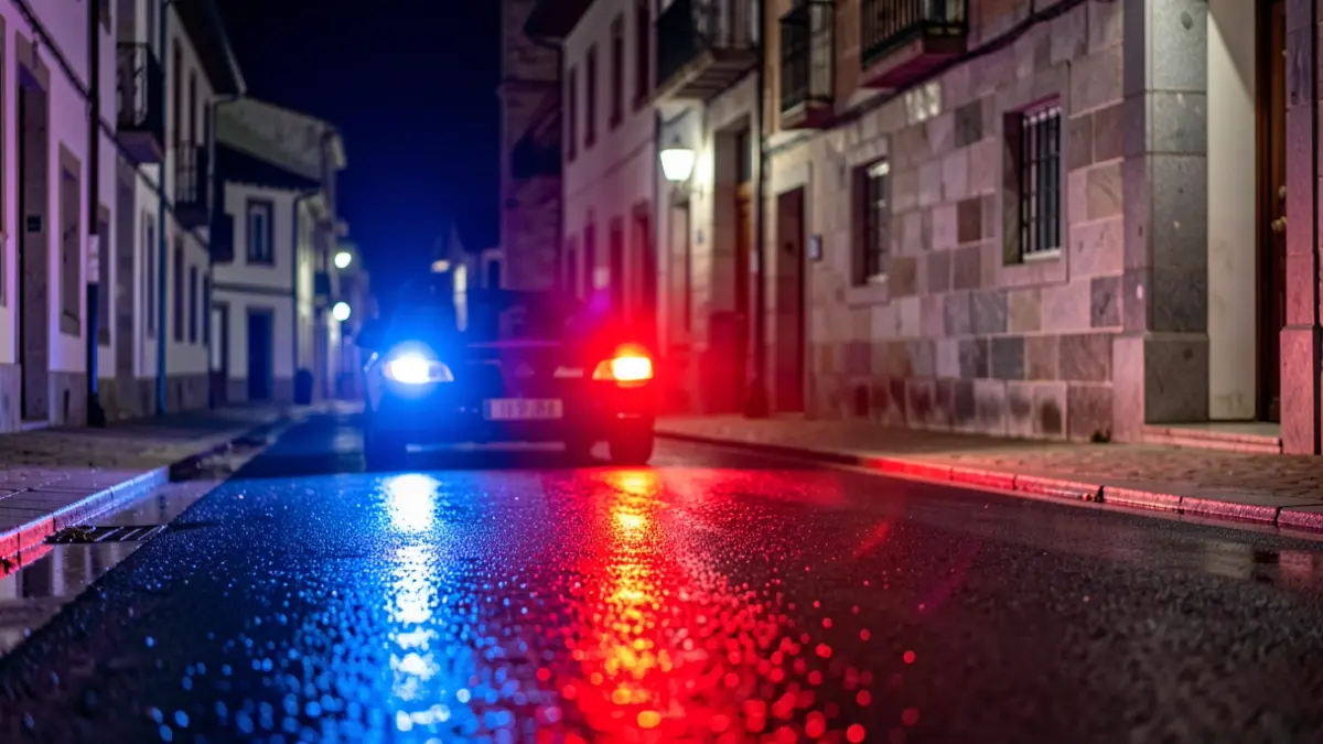 Imagen genérica de luces de emergencia azules y rojas reflejando en una calle mojada por la noche.