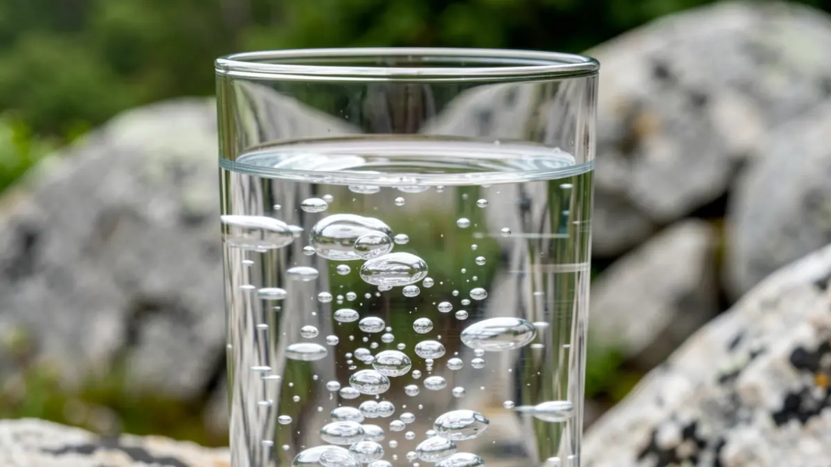 Imagen genérica de burbujas de agua mineral en un vaso con rocas de granito y follaje verde al fondo.