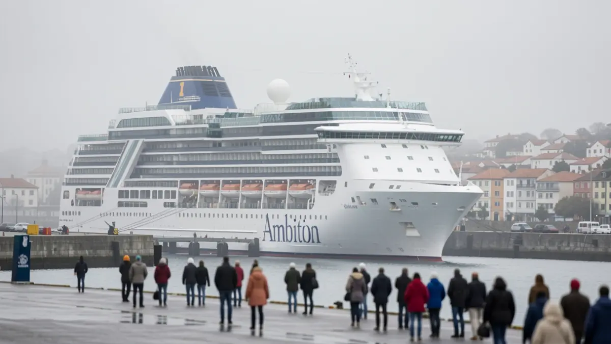 Imaxe xenérica dun cruceiro atracado nun porto galego con néboa e choiva.