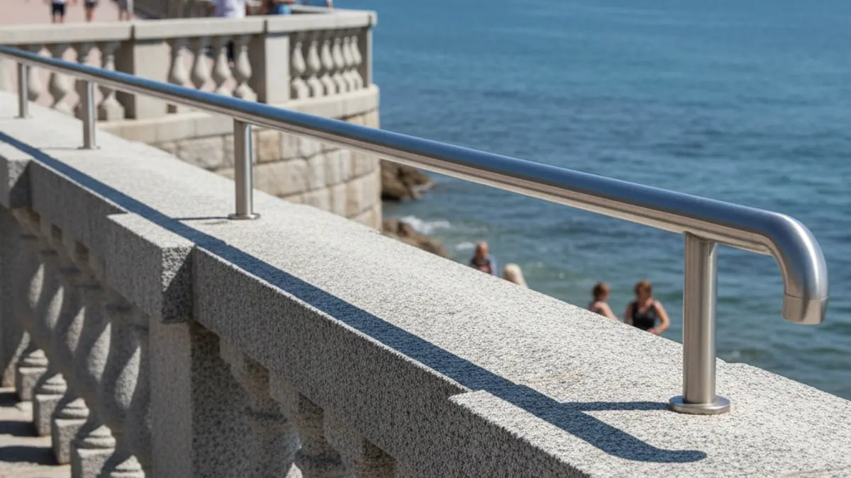 Imaxe dunha balaustrada de pedra con pasamáns de aceiro inoxidable fronte ao mar.